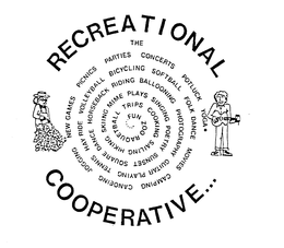 THE RECREATIONAL COOPERATIVE THE FUN ZOO RAQUETBALL TRIPS COOKING SAILING HIKING SKIING MIME PLAYS SINGING POETRY SUNSET SQUARE DANCE HORSEBACK RIDING BALLOONING PHOTOGRAPHY - official mark drawing from the USPTO record