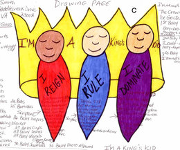 I'M A KING'S KID I REIGN DEUTERONOMY 15:6 FOR THE LORD THY GOD BLESSETH THEE, AS HE PROMISED THEE: AND THOU SHALT REIGN OVER MANY NATIONS, BUT THEY SHALL NOT REING OVER THEE I RULE DANIEL 7:18 BUT THE SAINTS OF THE MOST HIGH SHALL TAKE THE KINGDOM, AND POSSESS THE KINGDOM FOREVER, EVEN FOREVER AND EVER I DONONATE MATTHEW 11:12 AND FROM THE DAYS OF JOHN THE BAPTIST UNTIL NOW THE KINGDON OF HEAVEN SUFFERETH VIOLENCE, AND THE VIOLENT TAKE IT BY FORCE - official mark drawing from the USPTO record