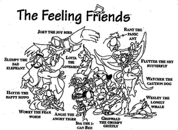 THE FEELING FRIENDS JOEY THE JOY BIRD SLUMPY THE SAD ELEPHANT HATTIE THE HAPPY HIPPO WORRY THE FEAR WORM LOTTA THE LOVEAROO ANGIE THE ANGRY TIGER IDA THE I CAN BEE GRISWALD THE GRUMPY GRIZZLY RANT THE PICNIC ANT FLUTTER THE SHY BUTTERFLY WATCHER THE CAUTION DOG WESLEY THE LONELY WHALE - official mark drawing from the USPTO record