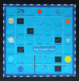 THE STARRY WAY , THE ENGLISH TRANSLATIONOF "BÉTELGEUSE" IN THE MARK IS "BETELGEUSE", THE WORDING "LA NÉBULEUSE D'ORION" MEANS "THE ORION NEBULA", THE WORDING "LE GRAND CHIEN" MEANS "THE GREAT DOG", THE WORDING "LE PETIT CHIEN" MEANS "THE LESSER DOG", THE WORDING "LE CANCER" MEANS "CANCER", THE WORDING "LE LION" MEANS "THE LION", THE WORDING "RÉGULUS" MEANS "REGULUS", THE WORDING "LA VIERGE" MEANS "THE MAIDEN", THE WORDING "SATURNE" MEANS "SATURN", THE WORDING "LA BALANCE" MEANS "THE SCALES", THE WORDING "LE SCORPION" MEANS "THE SCORPION",WORDING "ANTARÈS" MEANS "ANTARES", THE WORDING "LA CEINTURE D'ASTÉROÏDES" MEANS "THE ASTEROID BELT"THE WORDING "LE SAGITTAIRE" MEANS "SAGITTARIUS",, THE WORDING "LE CAPRICORNE" MEANS "CAPRICORN", THE WORDING "ALGÉDI" MEANS "ALGEDI", THE WORDING "LA TERRE" MEANS "THE EARTH", THE WORDING "LE VERSEAU" MEANS "THE WATER BEARER",THE WORDING "LES POISSONS" MEANS "THE FISHES", THE WORDING "MERCURE" MEANS "MERCURY", THE WORDING "LE BÉLIER" MEANS "THE RAM", THE WORDING "LE SOLEIL" MEANS "THE SUN", THE WORDING "LES PLÉIADES" MEANS "THE PLEIADES", THE WORDING "LE TAUREAU" MEANS "THE RAM" , THE WORDING "ALDÉBARAN" MEANS "ALDEBARAN", THE WORDING "LES GÉMEAUX" MEANS "THE TWINS", WORDING "LE LYNX" MEANS "THE LYNX",THE WORDING "LES CHIENS DE CHASSE" MEANS "THE HUNTING DOGS", THE WORDING "GALAXIE M 51" MEANS "GALAXY M 51", THE WORDING "LE BOUVIER" MEANS "THE HERDSMAN", THE WORDING "LA COURONNE BORÉALE" MEANS "THE NORTHERN CROWN", THE WORDING "AMAS M 13" MEANS "CLUSTER M 13", THE WORDING "HERCULE" MEANS "THE HERCULES", THE WORDING "LA LYRE" MEANS "THE LYRE", THE WORDING "VÉGA" MEANS "VEGA", THE WORDING "L'AIGLE" MEANS "THE EAGLE", THE WORDING "ALTAÏR" MEANS "ALTAIR", THE WORDING "LE CYGNE" MEANS "THE SWAN", THE WORDING "PÉGASE" MEANS "PEGASUS", THE WORDING "LA GALAXIE D'ANDROMÈDE" MEANS "THE ANDROMEDA GALAXY", THE WORDING "ANDROMÈDE" MEANS "ANDROMEDA", THE WORDING "PERSÉE" MEANS "THE HERO", THE WORDING "LE COCHER" MEANS "THE CHARIOTEER", THE WORDING "LA GRANDE OURSE" MEANS "THE GREAT BEAR", THE WORDING "GALAXIES M 81 M82" MEANS "GALAXIES M 81 M82", THE WORDING "LE DRAGON" MEANS "THE DRAGON", THE WORDING "ÉTAMIN" MEANS "ETAMIN", THE WORDING "CÉPHÉE" MEANS "THE KING", THE WORDING "CASSIOPÉE" MEANS "THE SEATED QUEEN", THE WORDING "SHÉDIR" MEANS "SHEDIR", THE WORDING "LA PETITE OURSE" MEANS "THE LESSER BEAR" - official mark drawing from the USPTO record