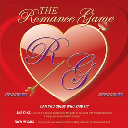 THE ROMANCE GAME RG HE SAID IT! SHE SAIDIT! CAN YOU GUESS WHO SAID IT? SHE SAYS..."I LOVE WHEN HE GENTLY HOLDS THE BACK OF MY HEAD WITH HIS LEFT HAND AND FIRMLY GRIPS MY WAIST WITH HIS RIGHT..." THEN HE SAYS..."IN MY EYES YOUR BEAUTY IS INTOXICATING, IT LEAVE ME BREATHLESS AND..." - official mark drawing from the USPTO record