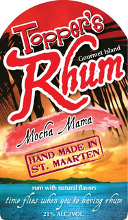TOPPER'S RHUM GOURMET ISLAND MOCHA MAMA HAND MADE IN ST. MAARTEN RUM WITH NATURAL FLAVORS TIME FLIES WHEN YOU'RE HAVING RHUM 21% ALC./VOL. - official mark drawing from the USPTO record