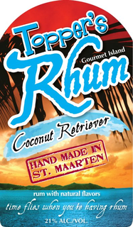 TOPPER'S RHUM GOURMET ISLAND COCONUT RETRIEVER HAND MADE IN ST. MAARTEN RUM WITH NATURAL FLAVORS TIME FLIES WHEN YOU'RE HAVING RHUM 21% ALC./VOL. - official mark drawing from the USPTO record