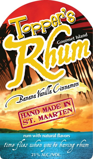 TOPPER'S RHUM GOURMET ISLAND BANANA VANILLA CINNAMON HAND MADE IN ST. MAARTEN RUM WITH NATURAL FLAVORS TIME FLIES WHEN YOU'RE HAVING RHUM 21% ALC./VOL. - official mark drawing from the USPTO record