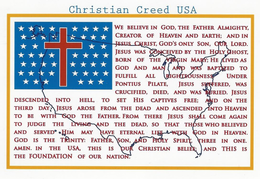 CHRISTIAN CREED USA WE BELIEVE IN GOD, THE FATHER ALMIGHTY, CREATOR OF HEAVEN AND EARTH; AND IN JESUS CHRIST, GOD'S ONLY SON, OUR LORD. JESUS WAS CONCEIVED BY THE HOLY GHOST, BORN OF THE VIRGIN MARY; HE LIVED AS GOD AND MAN AND WAS BAPTIZED TO FULFILL ALL RIGHTEOUSNESS UNDER PONTIUS PILATE, JESUS SUFFERED, WAS CRUCIFIED, DIED, AND WAS BURIED. JESUS DESCENDED INTO HELL, TO SET HIS CAPTIVES FREE; AND ON THE THIRD DAY JESUS AROSE FROM THE DEAD AND ASCENDED INTO HEAVEN TO BE WITH GOD THE FATHER. FROM THERE JESUS SHALL COME AGAIN TO JUDGE THE LIVING AND THE DEAD, SO THAT THOSE WHO BELIEVED AND SERVED HIM MAY HAVE ETERNAL LIFE WITH GOD IN HEAVEN. GOD IS THE TRINITY: FATHER, SON, AND HOLY SPIRIT, THREE IN ONE. AMEN. IN THE USA, THIS IS OUR CHRISTIAN BELIEF; AND THIS IS THE FOUNDATION OF OUR NATION. - official mark drawing from the USPTO record