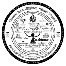 MY TREASURE OUR TREASURES GLOW YOUR TREASURE JUST A MAZE CREATE YOUR "HIGHEST" BEST WORLD FOUNDER AND CREATOR DR. CAROLYN E. DAVIS AND LET YOUR BEAUTIFUL WORLD BLOSSOM EST. EXCELLENCE 1ST CLASS 1983 EXCELLENCE DR. DAVIS-I'MSTRONG-MY NE-NATURAL ELEMENT DOCTOR IME (INSPIRATIONAL MASTERPIECE EMPIRE) MS COMMUNICATION LMCA (LOVE MY CLASS ANYTIME) NESIOLOGY DIALUSTEXTUS ENT JAPHOP MYNE - TRUST CARD "A" LITTLE SOMETHING AWESOME DIALUSTEXTUS NEWDIALUS NE LETTERS AND WORDS AT TOP I NA 1 C2 CL 3 P 4 O 5 LN 6 HE 7 WORDS AU GOLD PT PLATINUM PENTHOUSE I LOVE MY NATURAL ELEMENT BABY I'MSTRONG A LITTLE SOMETHING AWESOME M MUSTARD SEED I'MSTRONG MY NATURAL ELEMENT 10 NE MY NE- TRUST CARD R GROW GLOW A CHANGE OF HEART REAL SOUL FOOD VOICE OF THE HEART #1 WALK IN PURPOSE & KEEP IT MOVING JUST A MAZE WALKING IN PURPOSE VISION FORMULA "JUST DO YOU+ HIGHEST = BEST YOU" THANKS, DR. CAROLYN DAVIS MS COMMUNICATION SHOW JAPHOP IME-INSPIRATIONAL MASTERPIECE EMPIRE GD/DDS CREATE & EDUCATE DR. DAVIS I'MSTRONG NESIOLOGY CAROLYN E. DAVIS-I'MSTRONG, PHD., MY NE, NATURAL ELEMENT DOCTOR - official mark drawing from the USPTO record