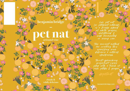 BENJAMIN BRIDGE PET NAT ARTISANAL WINE CLOUDY & WILDLY DELICIOUS OUR PET NAT (OR PÉTILLANT NATUREL) IS A LIVELY BLEND OF WHITE GRAPES,UNFILTERED & WILD FERMENTED IN EVERY CAN. THE ANCIENT METHOD FOR CRAFTINGTHIS SPARKLING WINE DELIVERS A NATURAL CLOUDINESS. THIRST-QUENCHING GRAPEFRUITVIBES PLAY WITH A TOUCH OF ROSE PETALS & GINGER #PETNAT BENJAMINBRIDGE.COM - official mark drawing from the USPTO record