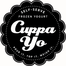 CUPPA YO SELF-SERVE FROZEN YOGURT POUR IT. TOP IT. WEIGH IT. - official mark drawing from the USPTO record