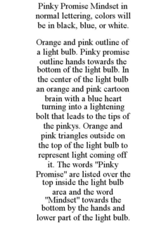 PINKY PROMISE MINDSET IN NORMAL LETTERING, COLORS WILL BE IN BLACK, BLUE, OR WHITE. ORANGE AND PINK OUTLINE OF A LIGHT BULB. PINKY PROMISE OUTLINE HANDS TOWARDS THE BOTTOM OF THE LIGHT BULB. IN THE CENTER OF THE LIGHT BULB AN ORANGE AND PINK CARTOON BRAIN WITH A BLUE HEART TURNING INTO A LIGHTENING BOLT THAT LEADS TO THE TIPS OF THE PINKYS. ORANGE AND PINK TRIANGLES OUTSIDE ON THE TOP OF THE LIGHT BULB TO REPRESENT LIGHT COMING OFF IT. THE WORDS "PINKY PROMISE" ARE LISTED OVER THE TOP INSIDE THE LIGHT BULB AREA AND THE WORD "MINDSET" TOWARDS THE BOTTOM BY THE HANDS AND LOWER PART OF THE LIGHT BULB. - official mark drawing from the USPTO record