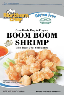 RESEALABLE BAG NORTHERN CHEF GLUTEN FREE NO PRESERVATIVES ADDED OVEN READY, EASY TO PREPARE BOOM BOOM SHRIMP WITH SWEET THAI CHILI SAUCE DINE WELL FEEL WELL LIVE WELL SERVING SUGGESTION ENLARGED TO SHOW QUALITY NET WT 10 OZ (284 G) KEEP FROZEN / DO NOT REFREEZE - official mark drawing from the USPTO record