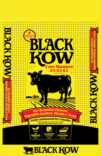BLACK KOW COW MANURE 0.5-0.5-0.5 ESTIÉRCOL ABONO FOR BEAUTIFUL FLOWERS, VEGETABLE GARDENS, SHRUBS & TREES BLACK KOW FOR BEAUTIFUL FLOWERS, VEGETABLE GARDENS, SHRUBS & TREES EST 1969 GREEN SINCE 1969 BLACK KOW FOR BEAUTIFUL FLOWERS, VEGETABLE GARDENS, SHRUBS & TREES FEEDS CONTINUOUSLY FOR 3 MONTHS DE HERMOSAS FLORES, HUERTOS, ARBUSTOS Y ÁRBOLES ALIMENTA CONTINUAMENTE DURANTE 3 MESES ALL NATURAL COMPLETAMENTE NATURAL COMPOSTED LOW ODOR COMPUESTO DE BAJO OLOR GREAT FOR RAISED BEDS IDEAL PARA LAS CAMAS ELEVADAS BLACK KOW - official mark drawing from the USPTO record