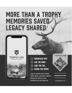 THE MARK CONSISTS OF THE STYLIZED WORDING “TROPHY LINK” IN BOLD, CAPITALIZED, SANS-SERIF LETTERS, WITH THE WORD “TROPHY” IN DARK BROWN AND “LINK” IN A VIBRANT LIME-GREEN COLOR. THE LOGO ALSO INCLUDES A SHIELD DESIGN WITH SYMMETRICAL DEER ANTLERS IN DARK BROWN AND A YELLOW-GREEN CENTER. THE ANTLERS ARE CENTERED ABOVE THE WORD “TROPHY LINK”, WITH THE ENTIRE LOGO DISPLAYED ON A MATTE WHITE CIRCULAR TAG WITH A BLACK DECORATIVE BORDER. THE LOGO’S COLOR SCHEME INCLUDES LIME GREEN, DARK BROWN, AND WHITE FOR THE PRIMARY ELEMENTS. THE OVERALL APPEARANCE IS CLEAN, MODERN, AND TECH-FORWARD, WITH SUBTLE HINTS OF RUGGED OUTDOOR ELEMENTS. - official mark drawing from the USPTO record