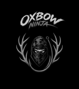MAIN TEXT: "OXBOW" IN LARGE, BOLD, BRUSH-STROKE STYLE LETTERING WITH A SLIGHTLY DISTRESSED TEXTURE.SECONDARY TEXT: "NINJA" IN SMALLER, STYLIZED LETTERING POSITIONED DIRECTLY BELOW "OXBOW".CENTRAL FIGURE: A NINJA-STYLE BALACLAVA/MASK IN CAMOUFLAGE PATTERN, SHOWING ONLY THE EYES AND UPPER NOSE AREA. THE EYES HAVE A SHARP, INTENSE/ANGRY EXPRESSION WITH VISIBLE WHITE SCLERA AND DARK PUPILS.LEFT & RIGHT ANTLERS: LARGE, DETAILED DEER ANTLERS (BROWN/TAN WITH HIGHLIGHTS) SYMMETRICALLY FRAMING THE NINJA HEAD ON BOTH SIDES.FISH HOOK: A LARGE, METALLIC BRONZE/GOLD-COLORED FISHING HOOK CURVING FROM THE BOTTOM, LOOPING AROUND THE LOWER PART OF THE NINJA HEAD AND CONNECTING NEAR THE RIGHT ANTLER. - official mark drawing from the USPTO record